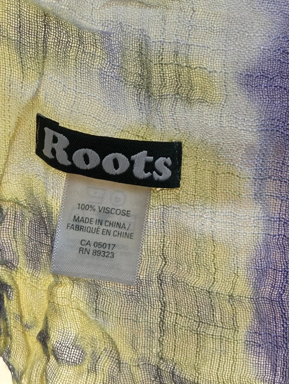 ROOTS Purple Yellow Tie Dye Shibori Fringe Wrap Scarf Lightweight Gauze Shawl